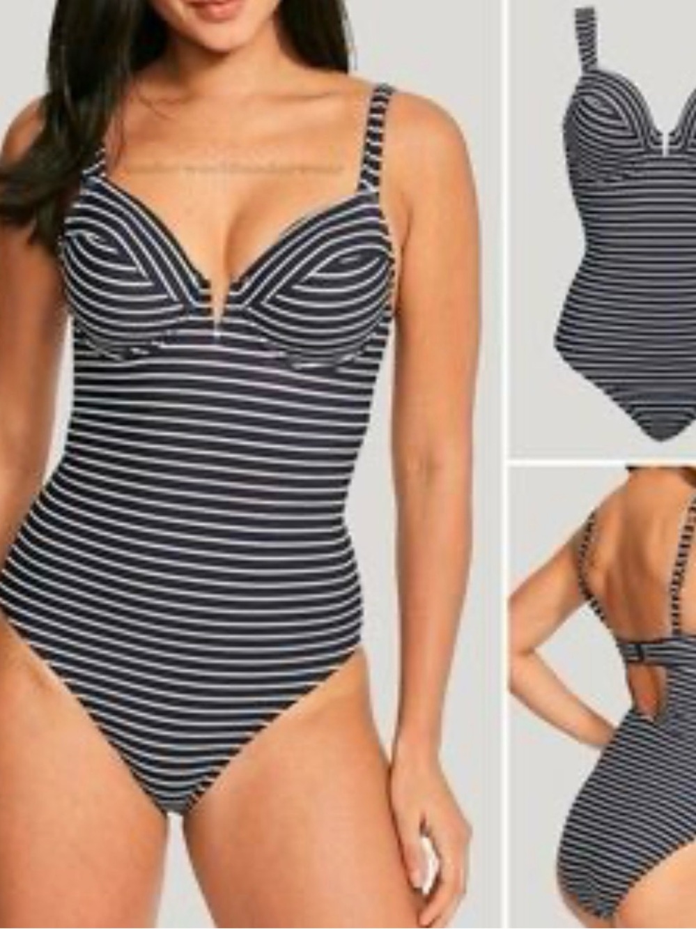 Navy and White Striped Kids One-Piece Bodysuit with Supportive Cups